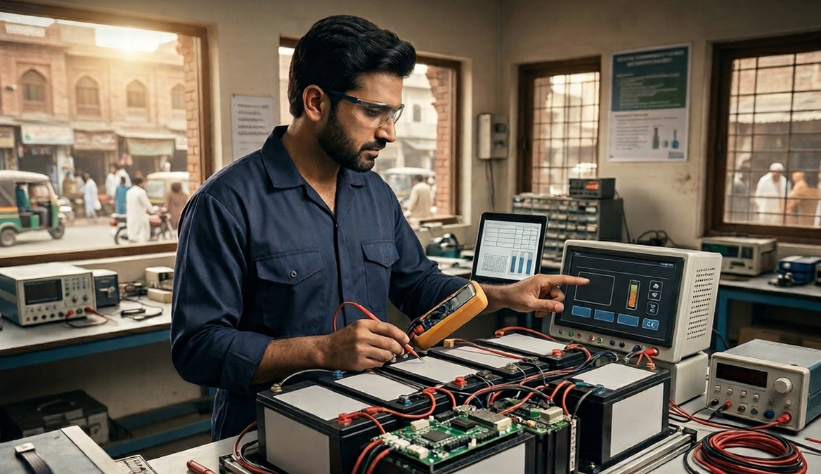 Solar battery temperature tolerance in Pakistan showing lithium battery heat resistance and rooftop solar system operating in high temperature conditions.