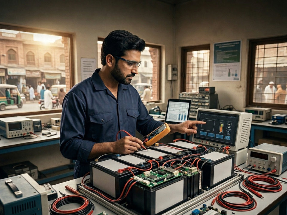 Solar battery temperature tolerance in Pakistan showing lithium battery heat resistance and rooftop solar system operating in high temperature conditions.