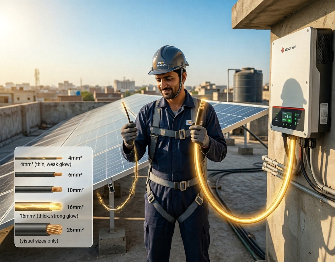 DC cable sizing for solar system in Pakistan showing voltage drop and cable size chart