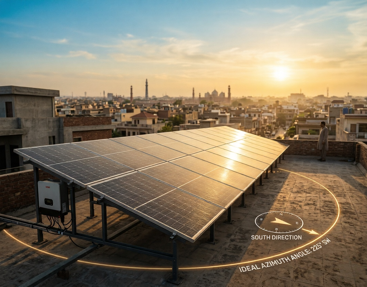 Solar panel direction in Pakistan showing ideal azimuth angle facing true south at 180 degrees