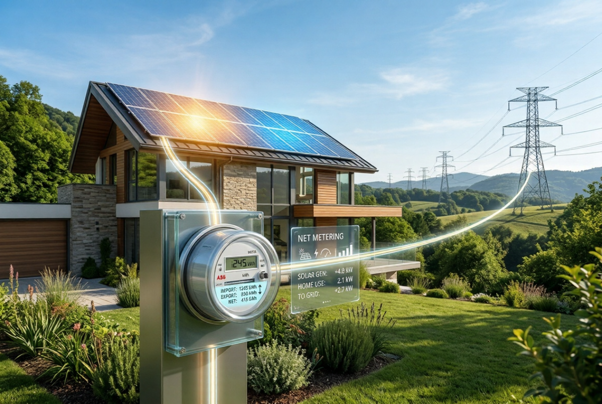 Net metering billing calculation showing solar panels producing electricity and a smart meter measuring exported and imported energy