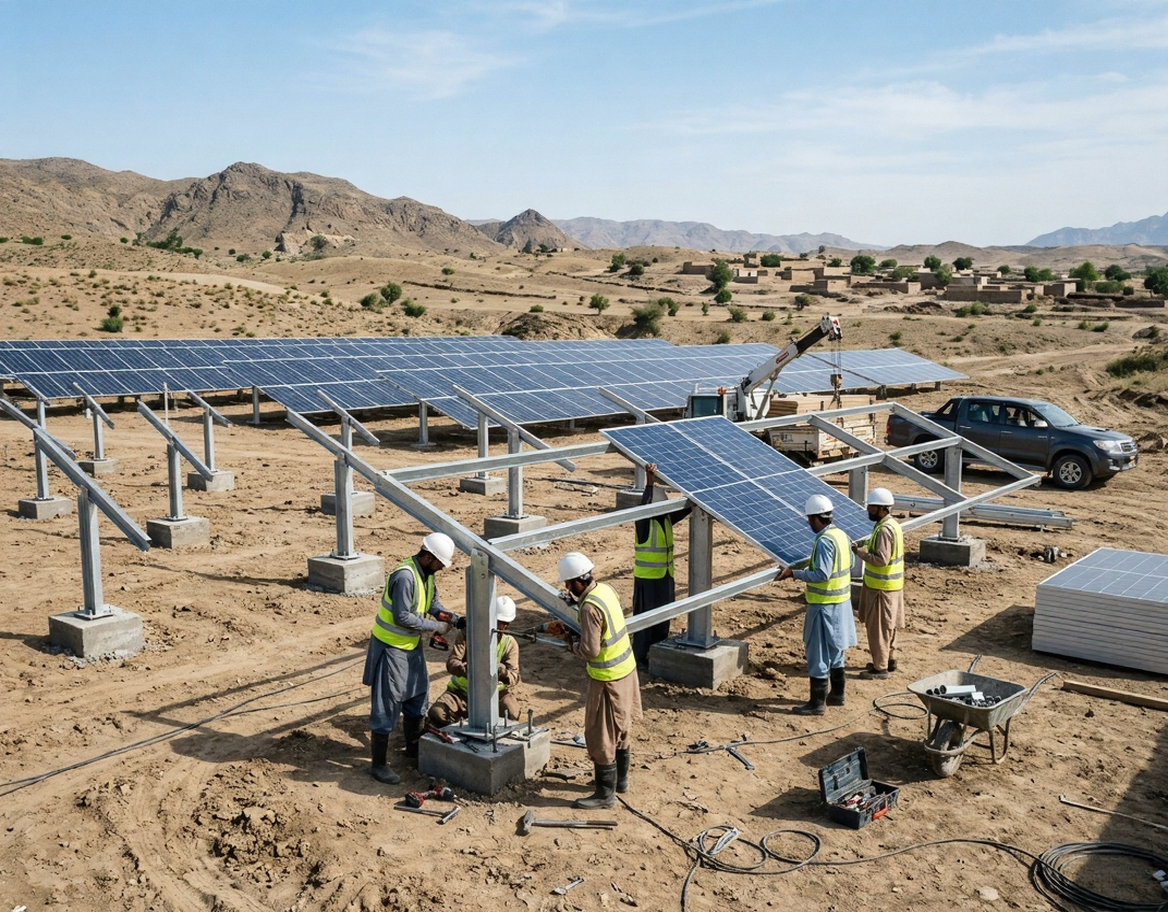 Ground mounted solar panel structure installed on open land in Pakistan with steel mounting frames supporting rows of solar panels.