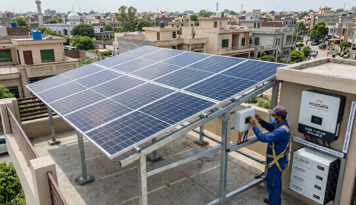 Future-proof solar system design in Pakistan showing scalable rooftop solar panels, inverter headroom, battery storage, and EV charging integration.