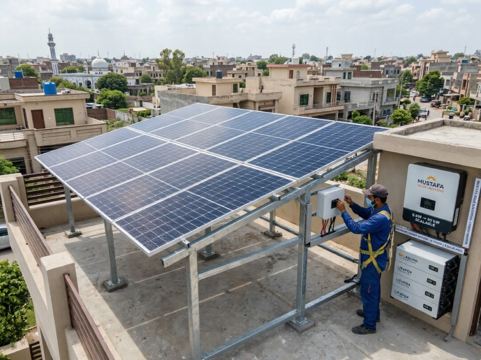 Future-proof solar system design in Pakistan showing scalable rooftop solar panels, inverter headroom, battery storage, and EV charging integration.