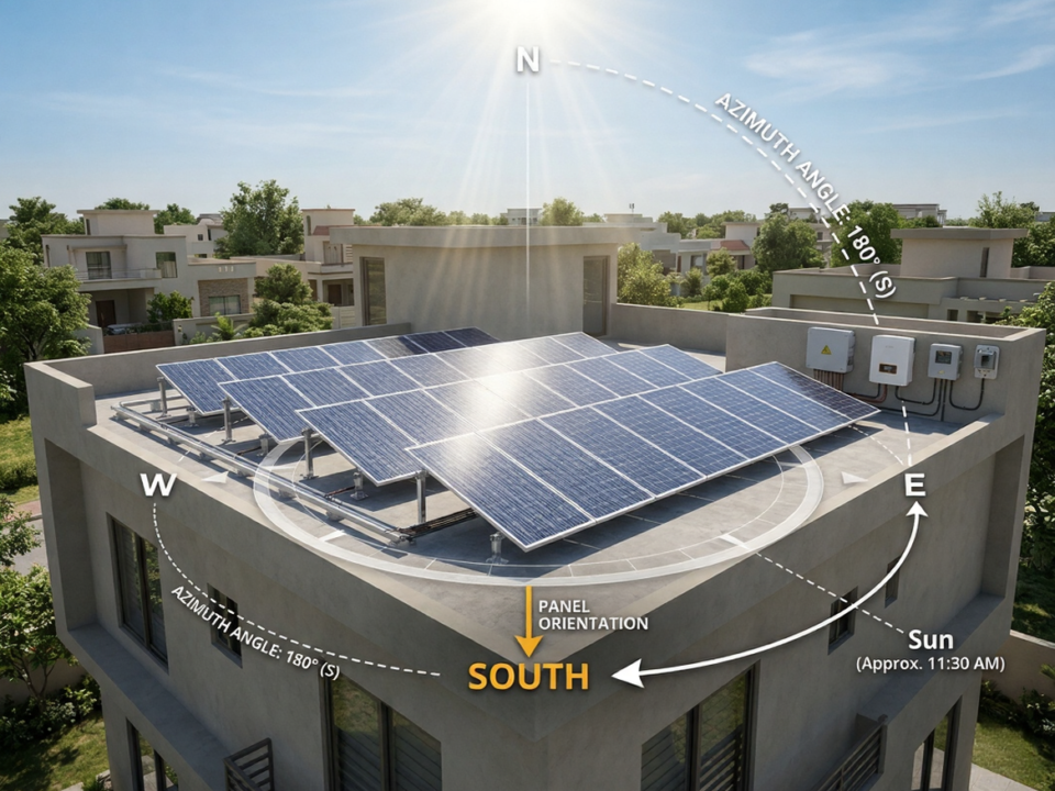 Solar panel direction in Pakistan showing ideal azimuth angle facing true south at 180 degrees