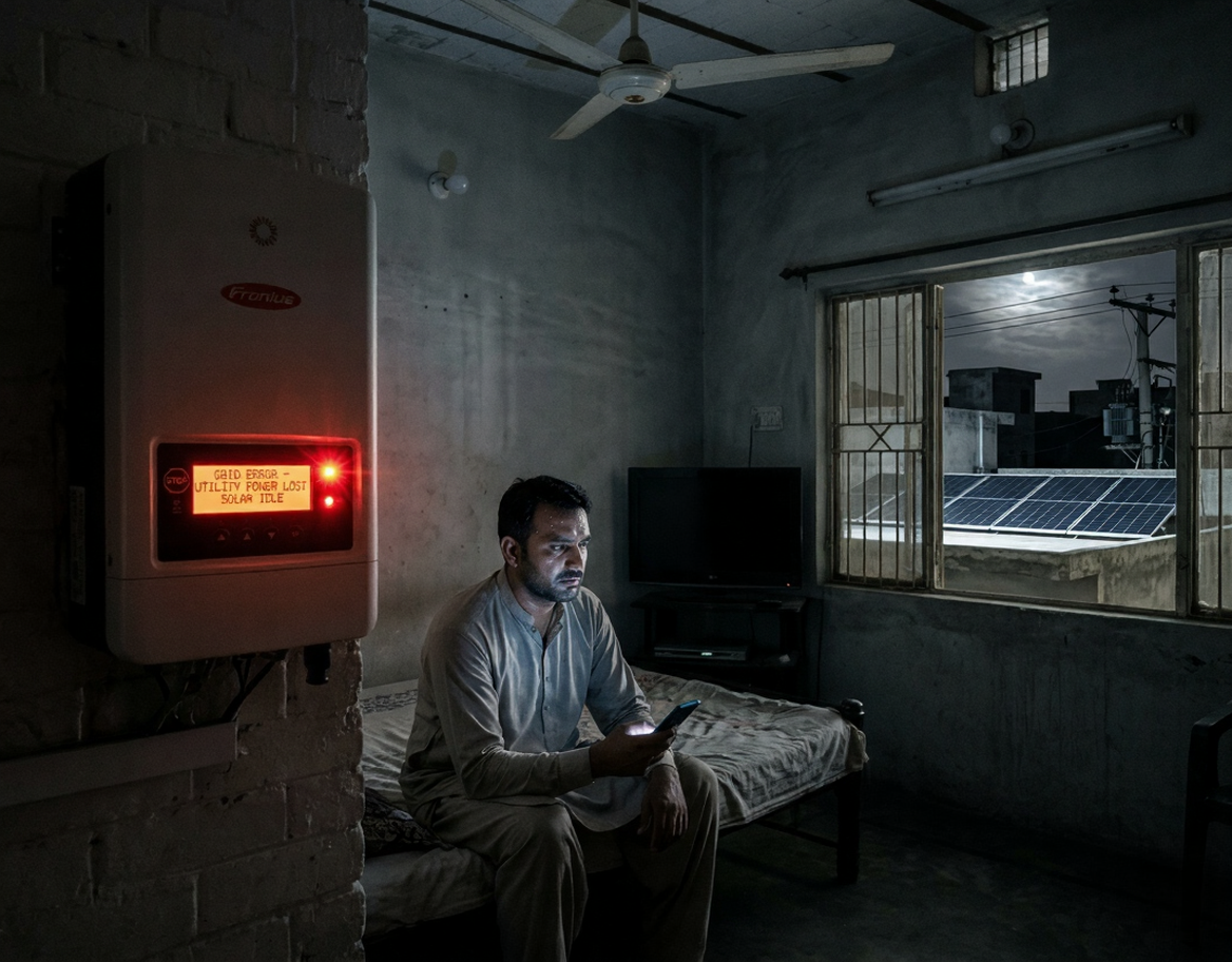 Solar panels on a rooftop with a grid-tied inverter installed in Pakistan