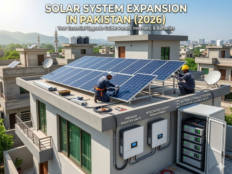 Solar system expansion options in Pakistan showing panels, inverter upgrade and lithium battery addition on residential rooftop in 2026