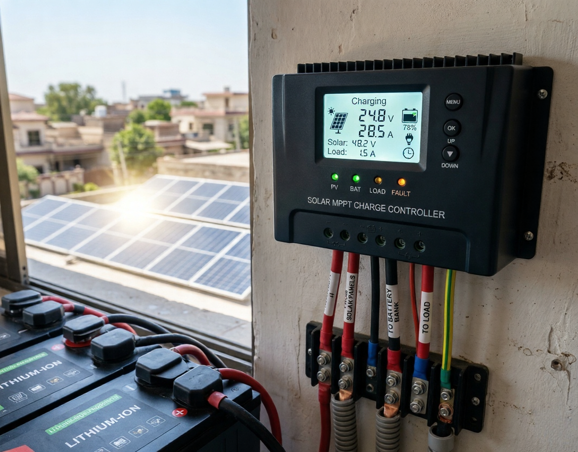 solar charge controller connected to solar panels and battery bank in a rooftop solar system in Pakistan showing MPPT battery charging setup
