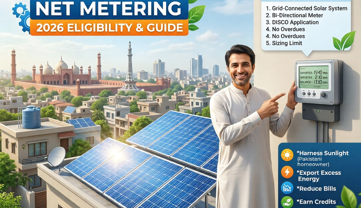 Rooftop solar panels on a modern Pakistani house with sunlight reflecting off the panels and a homeowner checking a digital electricity meter, representing net metering and solar energy in Pakistan.