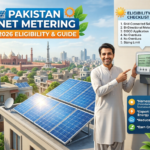 Rooftop solar panels on a modern Pakistani house with sunlight reflecting off the panels and a homeowner checking a digital electricity meter, representing net metering and solar energy in Pakistan.