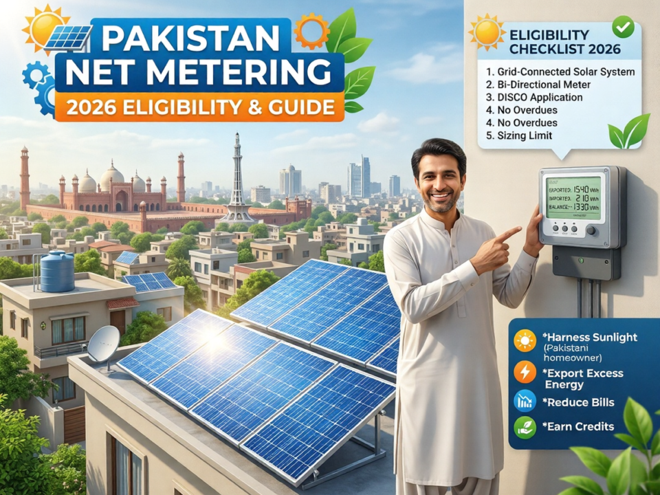 Rooftop solar panels on a modern Pakistani house with sunlight reflecting off the panels and a homeowner checking a digital electricity meter, representing net metering and solar energy in Pakistan.