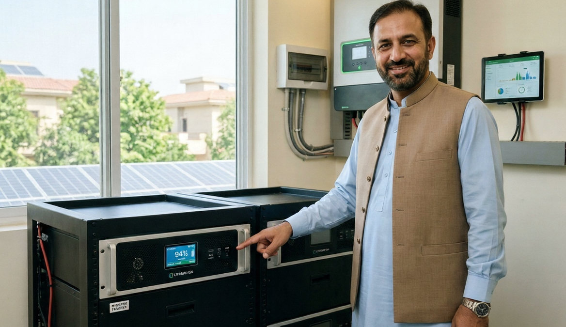 Featured image showing LiFePO4 lithium battery for solar system in Pakistan, connected to rooftop solar panels on a residential home with Enon Traders logo.