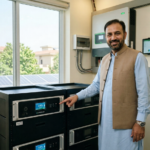 Featured image showing LiFePO4 lithium battery for solar system in Pakistan, connected to rooftop solar panels on a residential home with Enon Traders logo.