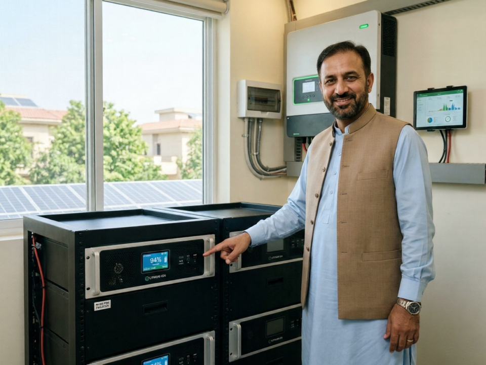 Featured image showing LiFePO4 lithium battery for solar system in Pakistan, connected to rooftop solar panels on a residential home with Enon Traders logo.