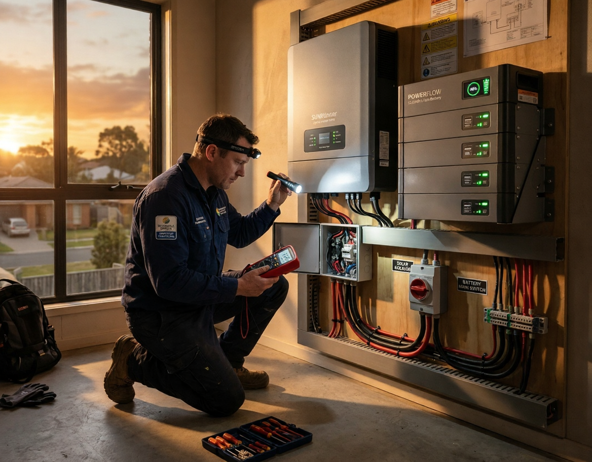 Solar battery maintenance guide showing lithium and tubular batteries with inspection checklist in a home solar setup in Pakistan