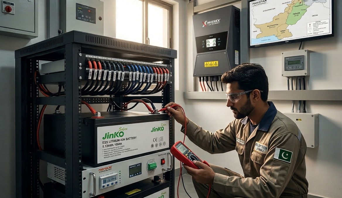 Solar battery maintenance guide showing lithium and tubular batteries with inspection checklist in a home solar setup in Pakistan