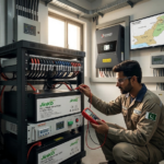 Solar battery maintenance guide showing lithium and tubular batteries with inspection checklist in a home solar setup in Pakistan