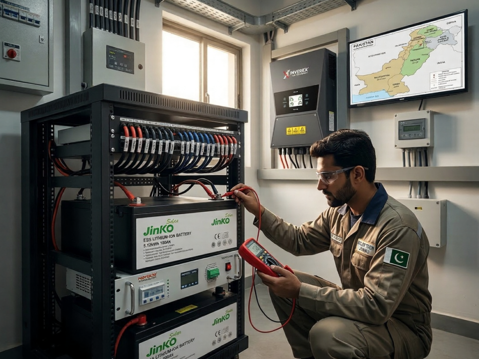 Solar battery maintenance guide showing lithium and tubular batteries with inspection checklist in a home solar setup in Pakistan