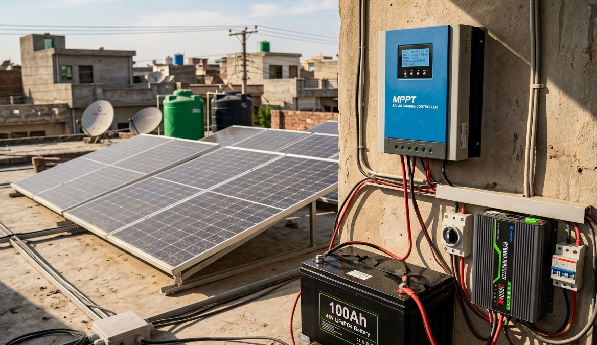 MPPT charge controller connected with solar panels and battery system in Pakistan showing efficient solar energy conversion