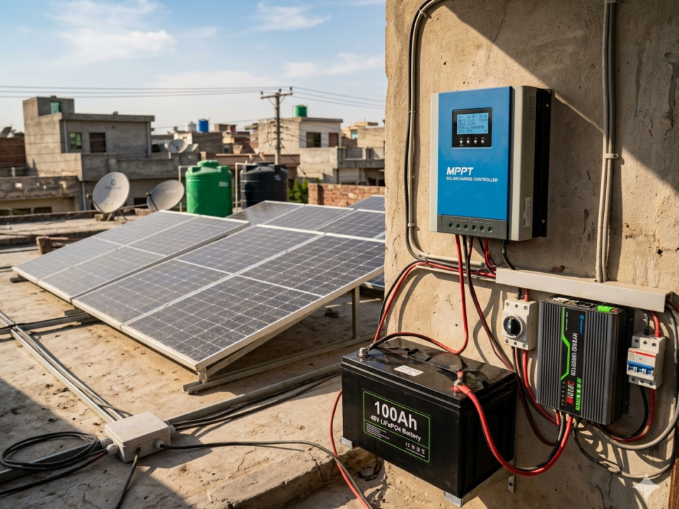 MPPT charge controller connected with solar panels and battery system in Pakistan showing efficient solar energy conversion