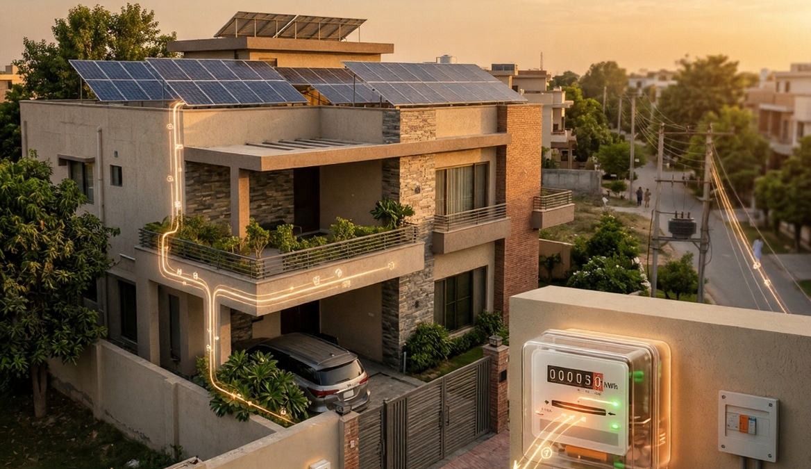 NEPRA net metering policy in Pakistan explained with solar panels exporting electricity to the grid, and the billing calculation concept