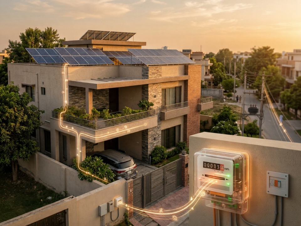 NEPRA net metering policy in Pakistan explained with solar panels exporting electricity to the grid, and the billing calculation concept