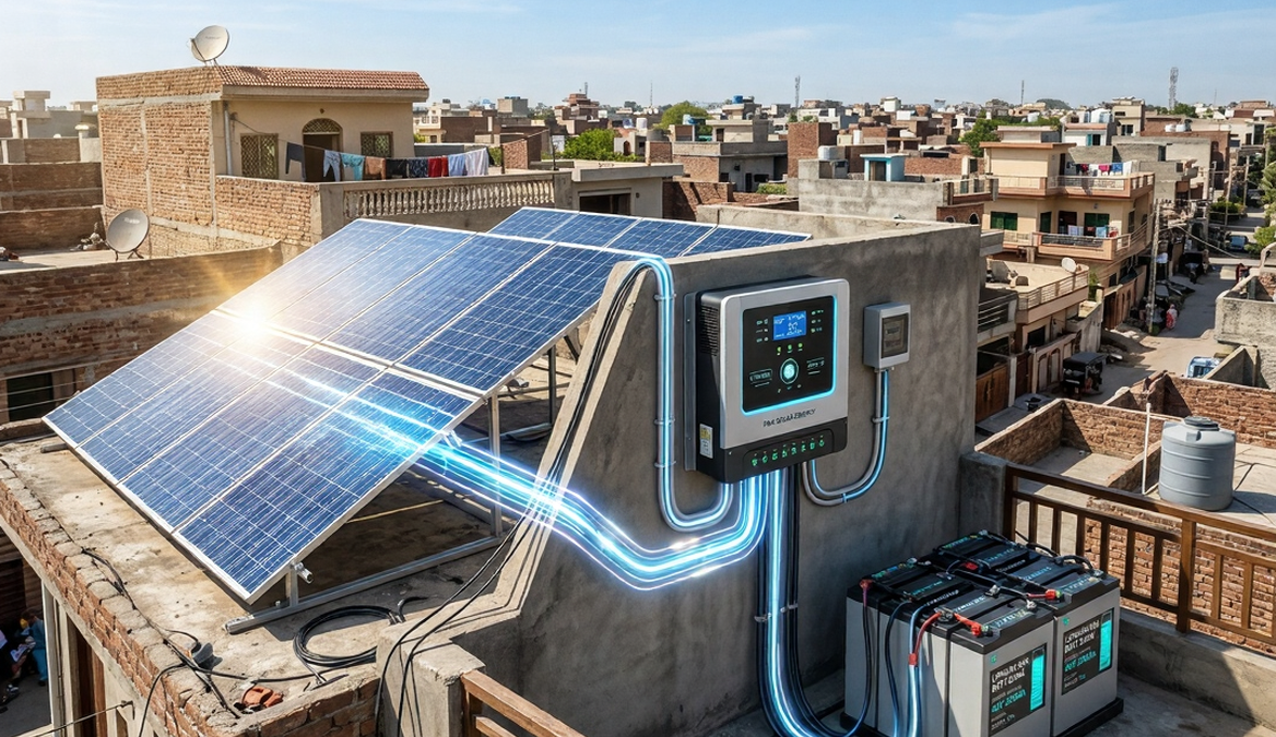 solar charge controller connected to solar panels and battery bank in a rooftop solar system in Pakistan showing MPPT battery charging setup