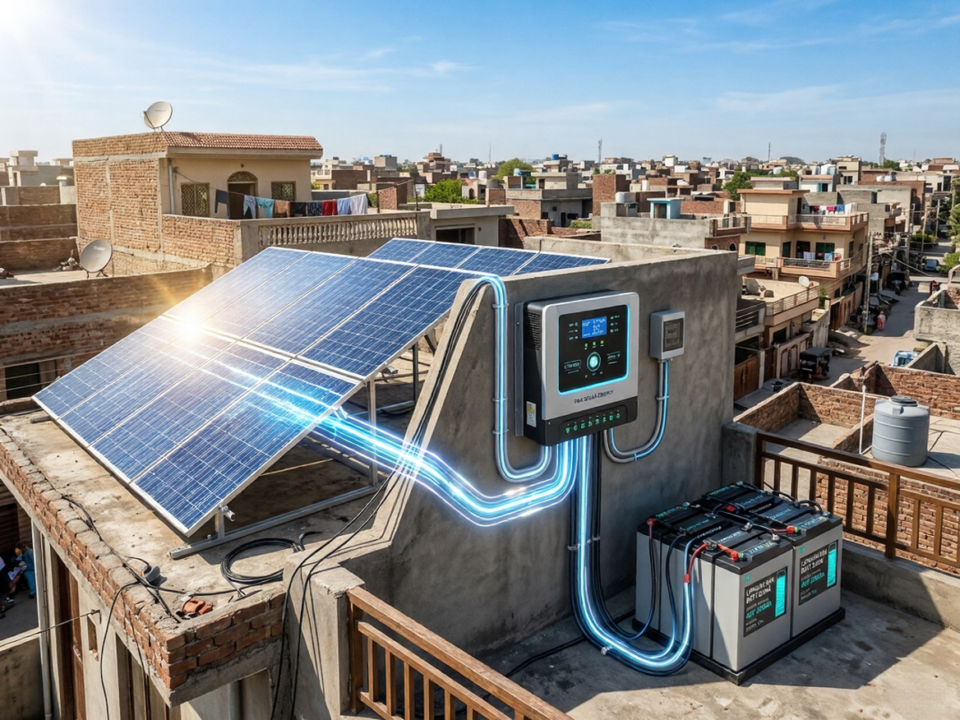 solar charge controller connected to solar panels and battery bank in a rooftop solar system in Pakistan showing MPPT battery charging setup