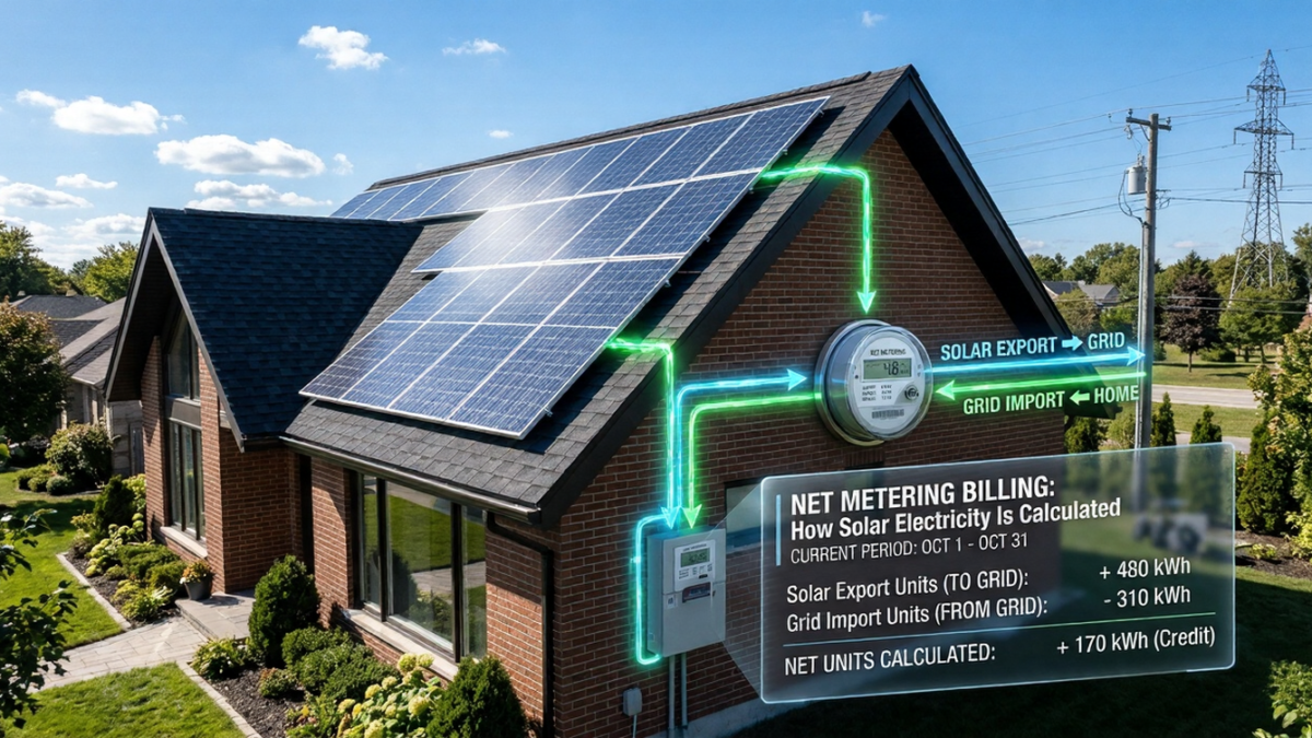 Net metering billing calculation showing solar panels producing electricity and a smart meter measuring exported and imported energy