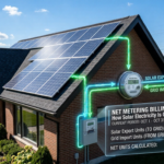 Net metering billing calculation showing solar panels producing electricity and a smart meter measuring exported and imported energy