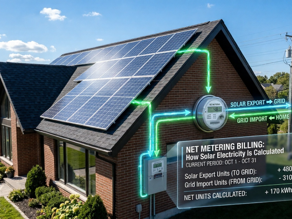 Net metering billing calculation showing solar panels producing electricity and a smart meter measuring exported and imported energy