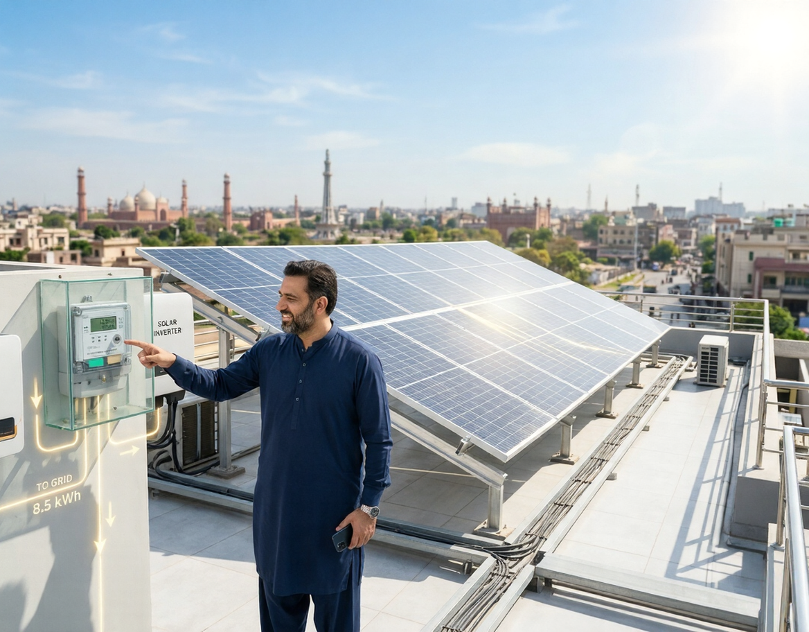 Rooftop solar panels on a modern Pakistani house with sunlight reflecting off the panels and a homeowner checking a digital electricity meter, representing net metering and solar energy in Pakistan.