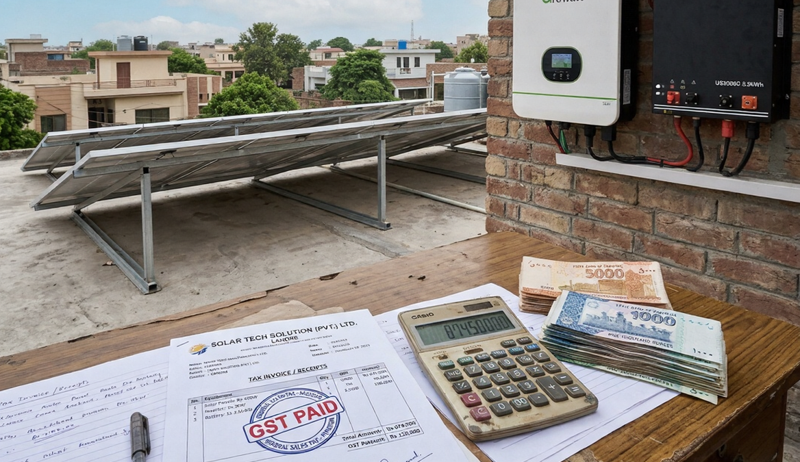 Solar equipment tax in Pakistan 2026 showing GST impact on solar panels, inverters, and battery systems