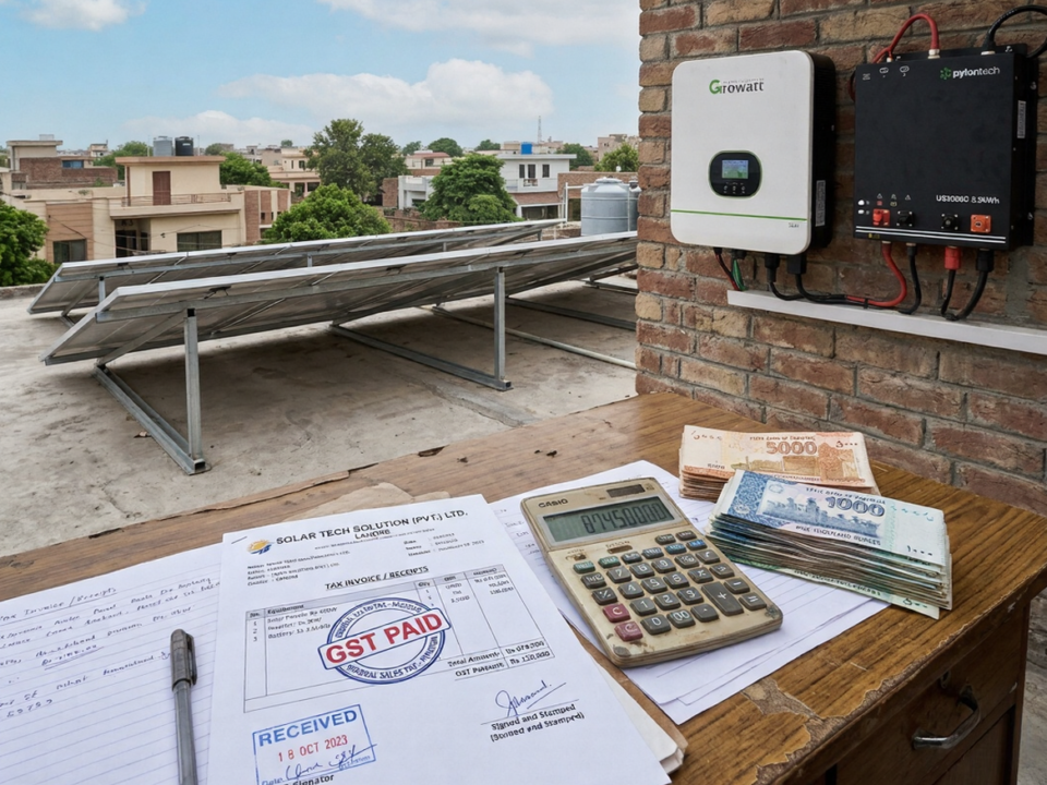 Solar equipment tax in Pakistan 2026 showing GST impact on solar panels, inverters, and battery systems