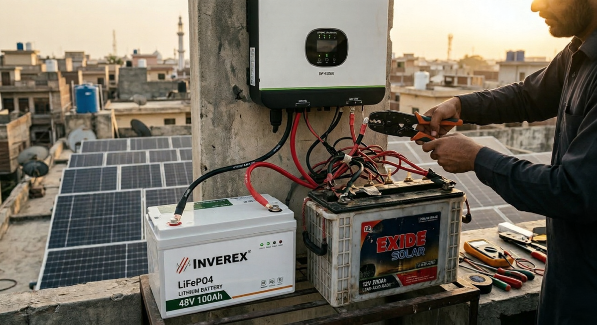 Inverter and battery compatibility in solar system showing lithium and tubular battery connection with hybrid inverter setup in Pakistan