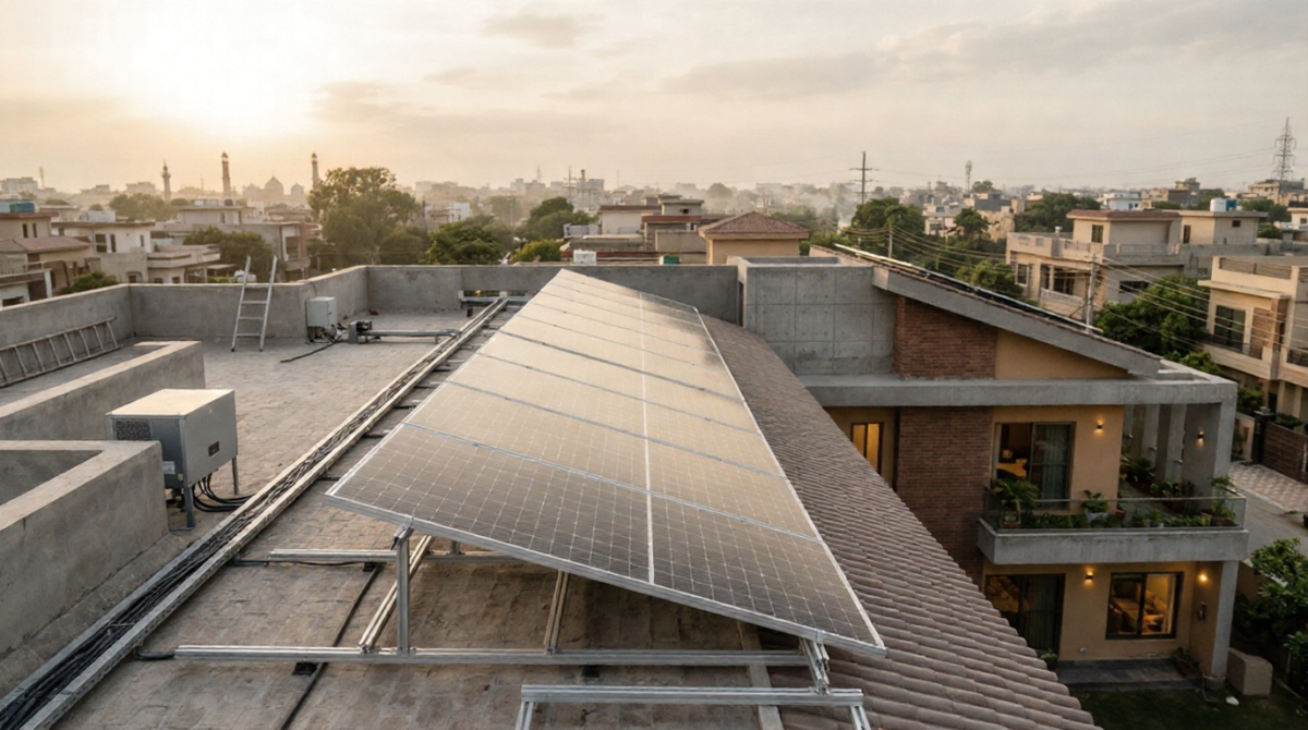 Solar panels installed on a rooftop in Pakistan with warranty protection concept and performance indicator