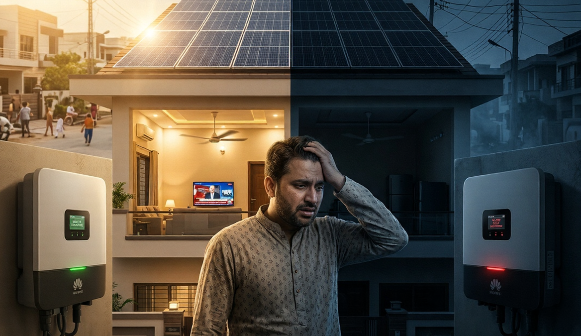Solar panels on a rooftop with a grid-tied inverter installed in Pakistan