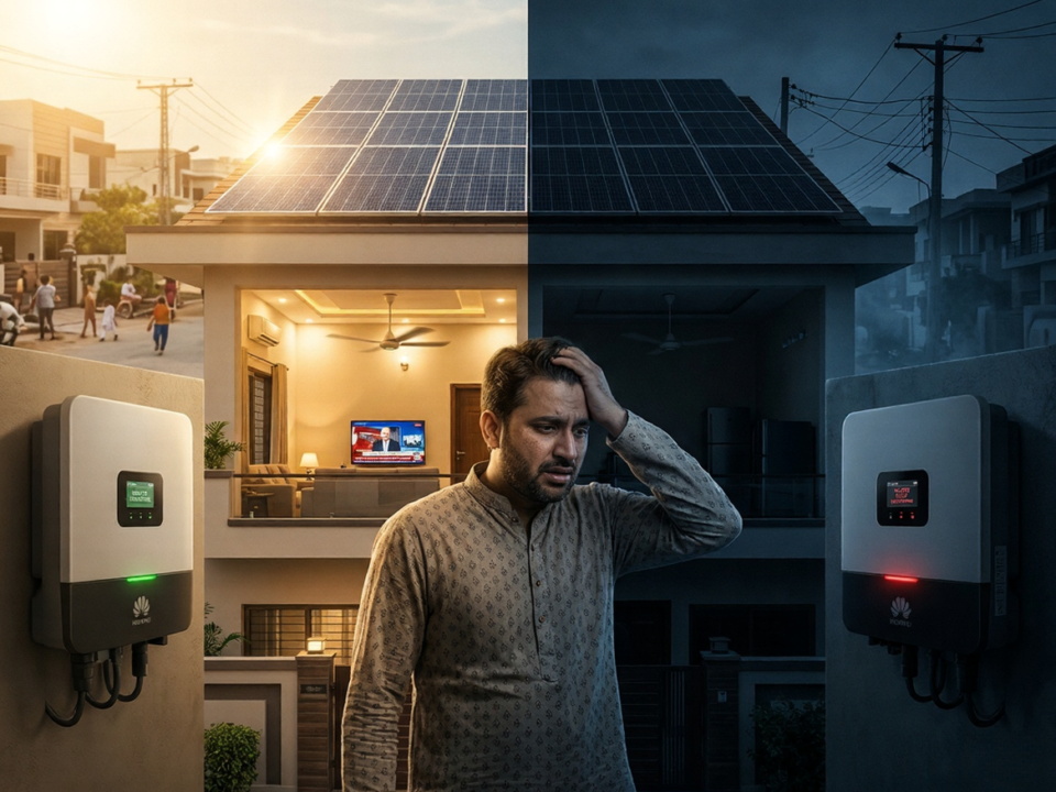Solar panels on a rooftop with a grid-tied inverter installed in Pakistan