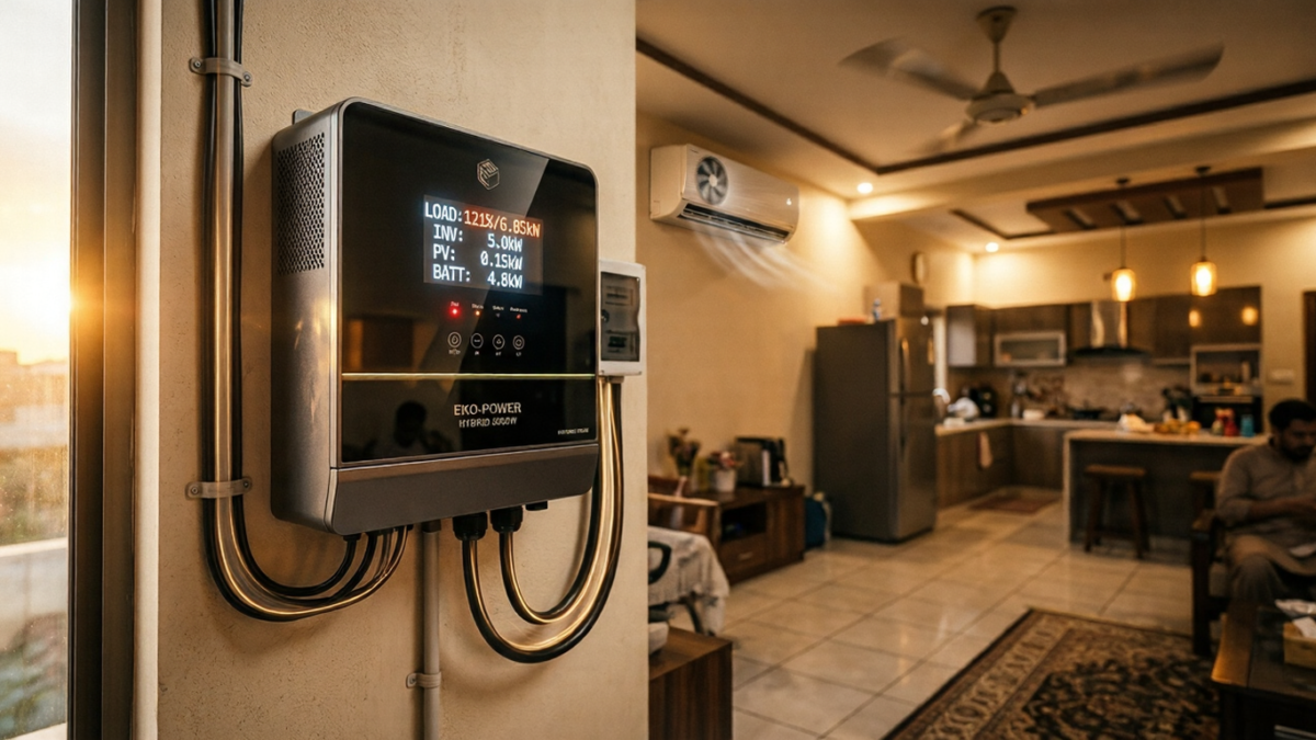 Hybrid solar inverter in Pakistani home showing overload warning during AC startup surge, explaining inverter overload capacity and surge handling in Pakistan 2026