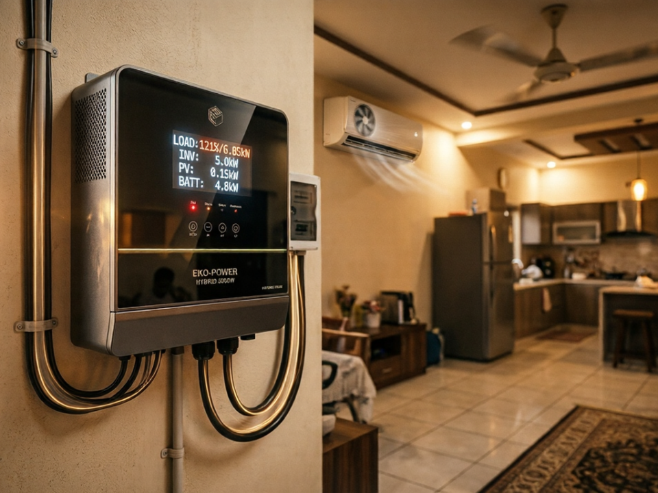Hybrid solar inverter in Pakistani home showing overload warning during AC startup surge, explaining inverter overload capacity and surge handling in Pakistan 2026