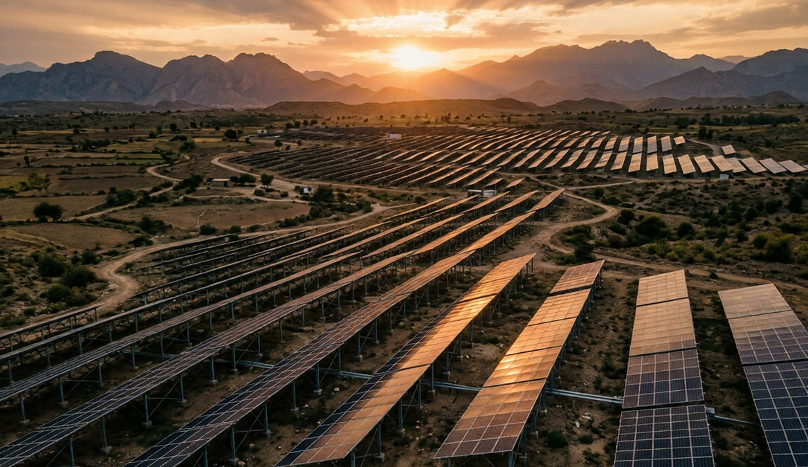 Ground mounted solar panel structure installed on open land in Pakistan with steel mounting frames supporting rows of solar panels.