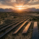 Ground mounted solar panel structure installed on open land in Pakistan with steel mounting frames supporting rows of solar panels.