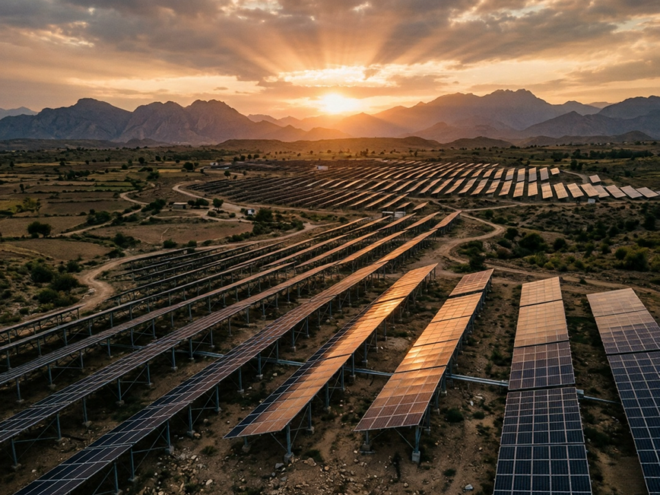 Ground mounted solar panel structure installed on open land in Pakistan with steel mounting frames supporting rows of solar panels.