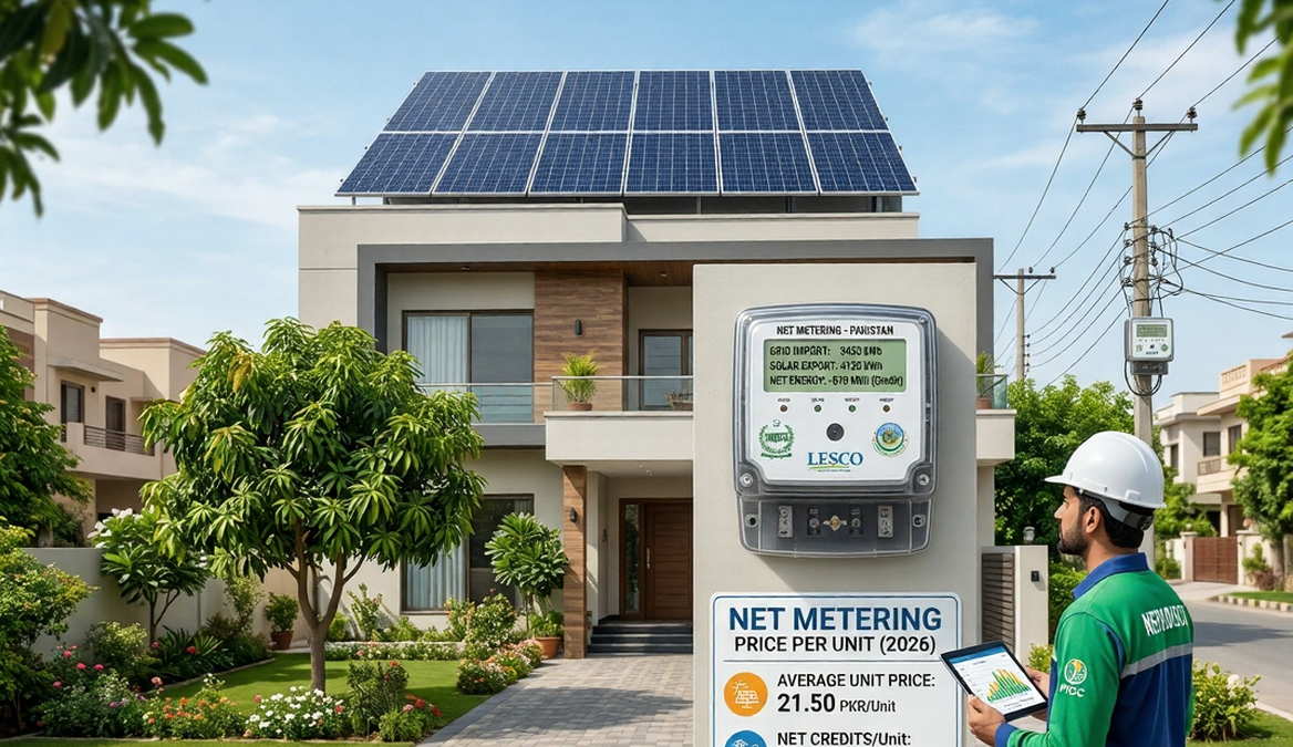 Net metering price per unit in Pakistan showing solar export credit calculation under NEPRA regulations with bidirectional meter and rooftop solar panels