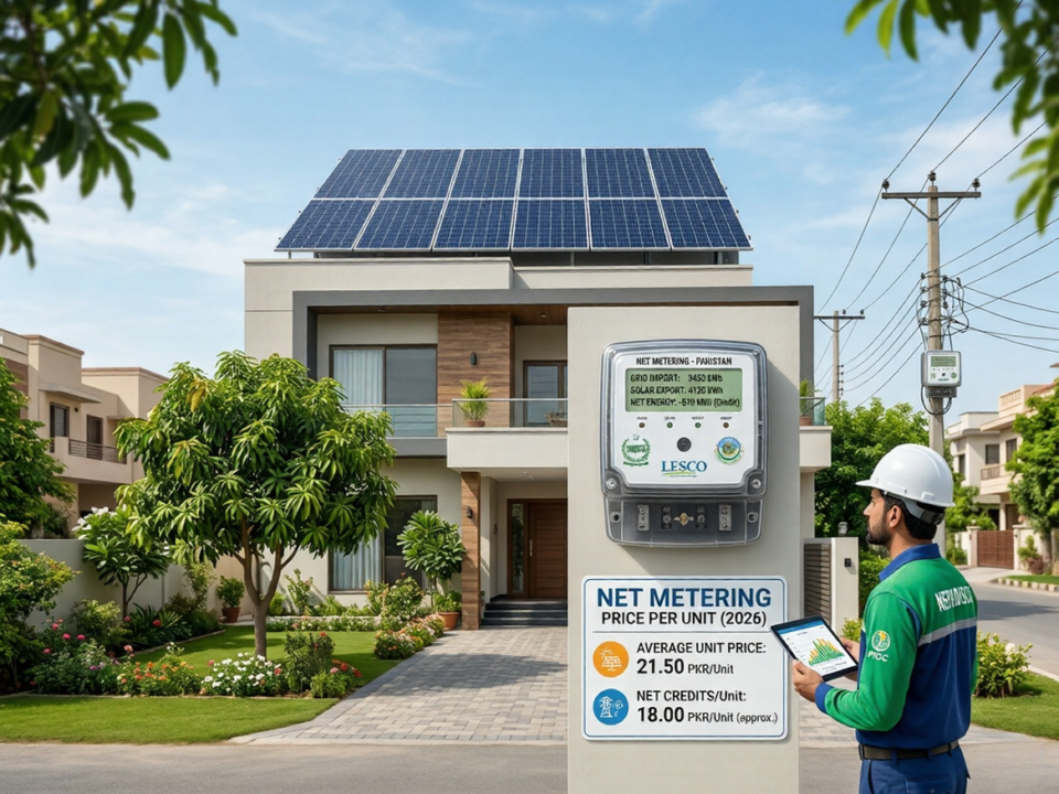 Net metering price per unit in Pakistan showing solar export credit calculation under NEPRA regulations with bidirectional meter and rooftop solar panels