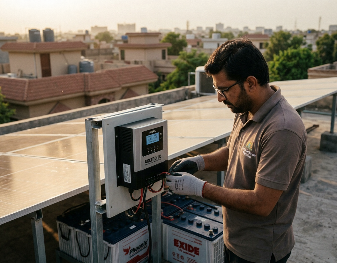 MPPT charge controller connected with solar panels and battery system in Pakistan showing efficient solar energy conversion