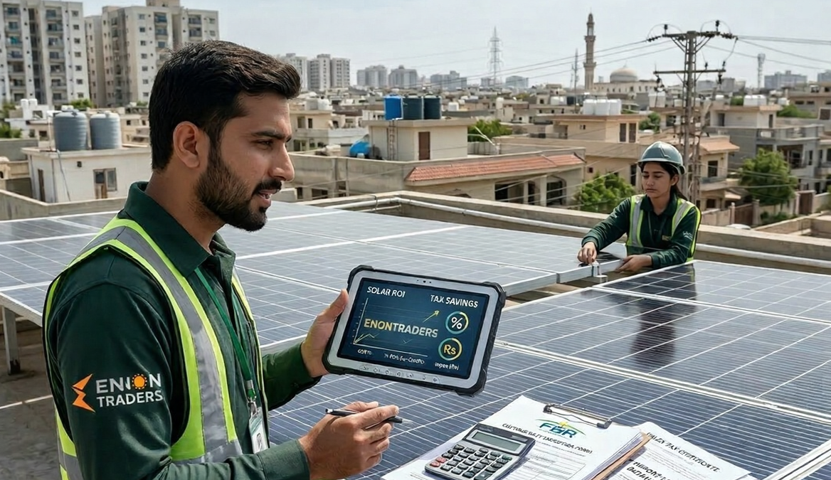 Customs duty on solar panels in Pakistan showing rooftop solar panels with tax documents and calculator representing GST rules and solar import policy.