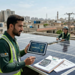 Customs duty on solar panels in Pakistan showing rooftop solar panels with tax documents and calculator representing GST rules and solar import policy.