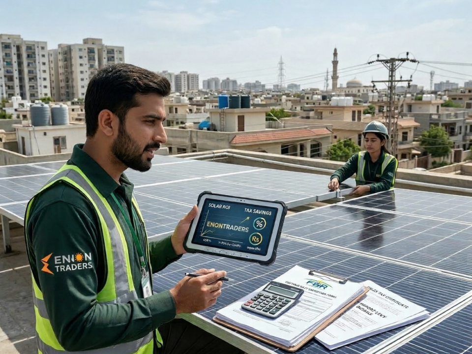 Customs duty on solar panels in Pakistan showing rooftop solar panels with tax documents and calculator representing GST rules and solar import policy.