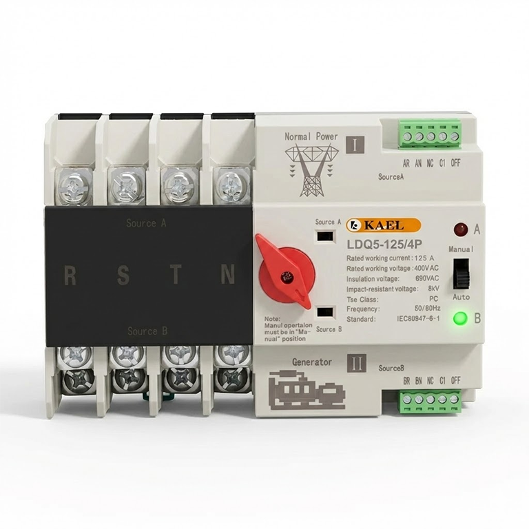 KAEL LDQ5-125 4P 125A Dual Power Automatic Transfer Switch with manual auto selector knob and DIN rail mounting.